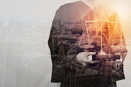 邦官对司法和律概念的双重伦敦市具有平衡比例的法庭和圣书男官设计图片