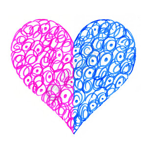 白色背景上带有抽象粉红和蓝色图案的装饰心脏一个的两半彩色图片