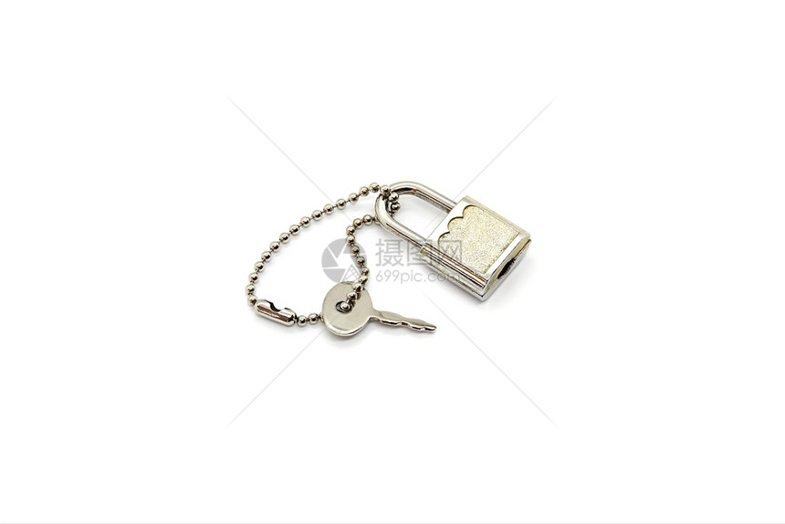 白色背景隔离的袋子或手提箱小金属锁和钥匙图片