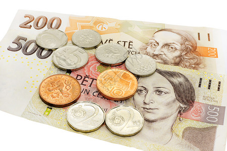 捷克货币钞票和白背景的硬币图片
