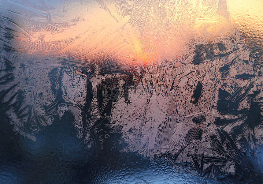 冬季早上的玻璃窗冰状水滴和阳光关闭自然质地图片