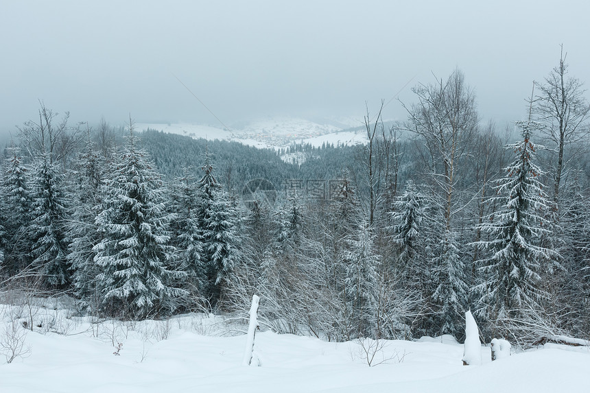清晨冬季山区风景一片晴朗树木结霜远处乌克兰喀尔巴阡山Bukovel度假村喀尔巴阡山的Bukovel度假村Bukovel度假村滑雪图片