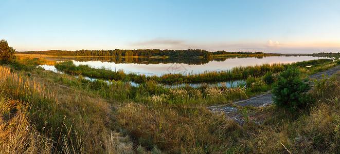 夏夜湖风景水面上有树木反射Shklo定居点附近乌克兰利沃夫州图片