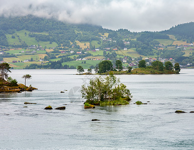 夏季云端峡湾风景与森林以及挪威海岸的定居地图片