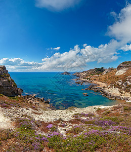 卡拉多纳花天堂海滩卡拉帕拉迪索附近罗卡迪圣尼古拉阿格里根托西西里岛意大利两个镜头缝合图像背景