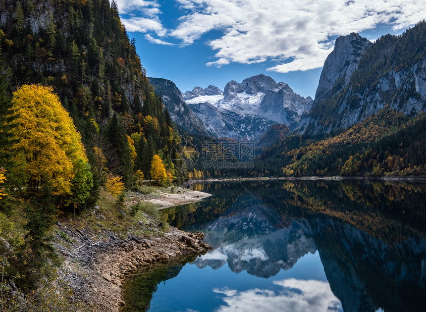 温和的多姿彩秋天风景和平的山湖水反射清晰透明Gosauseen或VordererGosausee湖上奥地利Dachstein峰顶图片