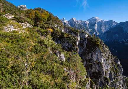在奥地利北部阿尔姆西湖附近徒步旅行的路上和平岩石山景图片