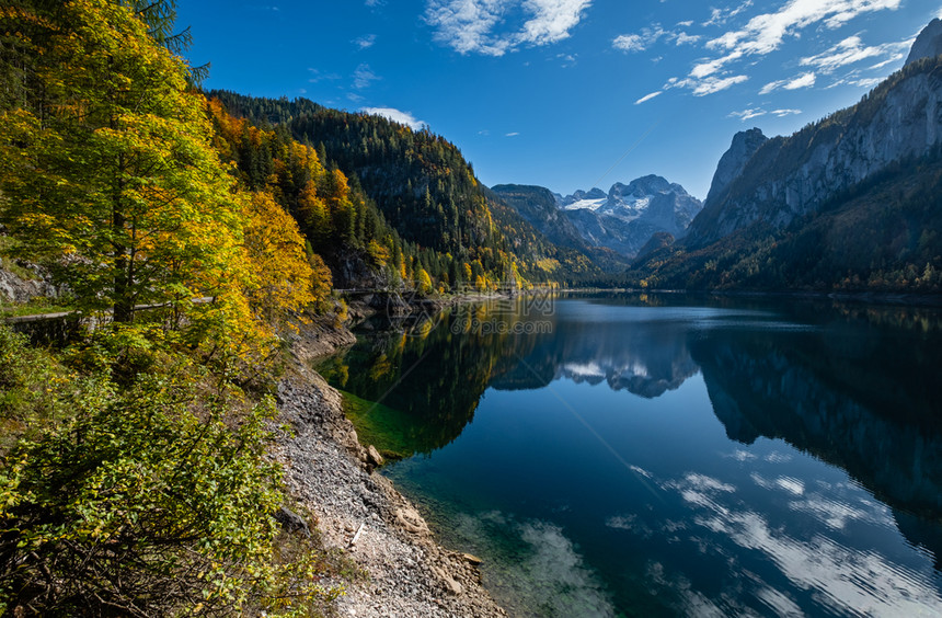 温和的多姿彩秋天风景和平的山湖水反射清晰透明Gosauseen或VordererGosausee湖上奥地利Dachstein峰顶图片