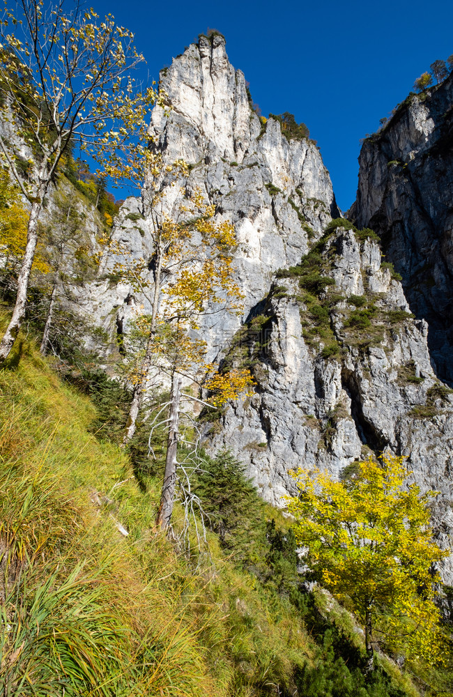 在奥地利北部阿尔姆西湖附近徒步旅行时和平的岩石山景图片