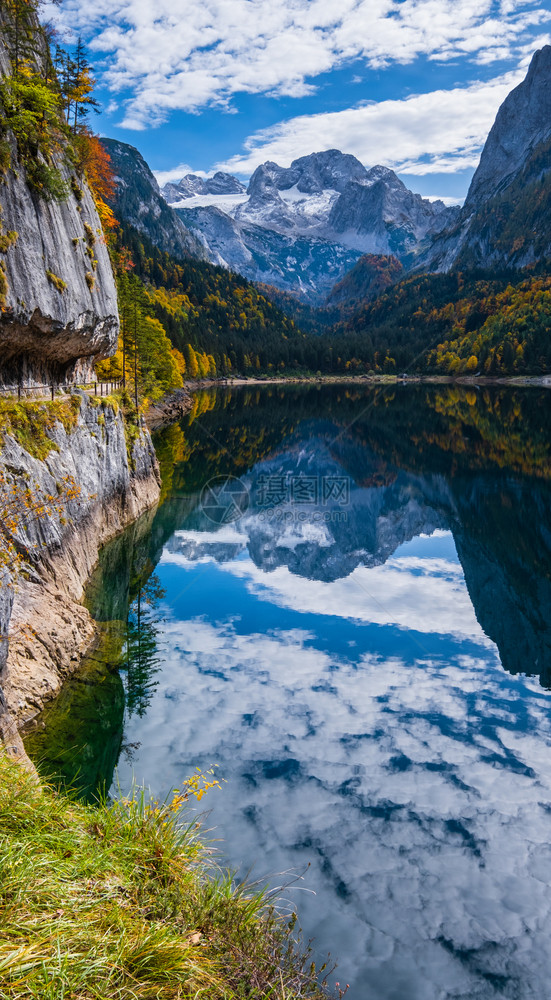 在上奥地利Gosauseen或VordererGosausee湖附近砍伐森林之后的树桩秋天高山湖景色多姿彩水和反射清晰透明达克斯图片
