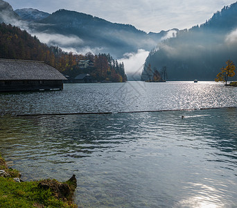 高山秋日雾蒙蒙的科尼格西湖科尼格西山贝赫特斯加登公园巴伐利亚州德国风景如画的旅游季节和自然美景的概念场景背景图片