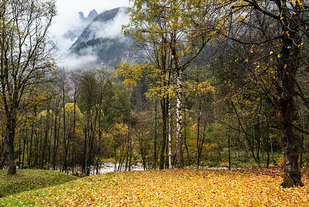 风云和雾的秋天高山景点奥地利LienzerDolomiten阿尔卑斯山和平景象旅行季节自然和农村美貌概念场景背景图片
