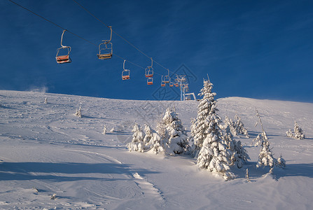 升降椅阿尔卑斯山度假胜地滑雪电梯座椅穿过日出山顶滑雪自由坡和fir树林背景