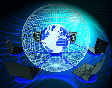 两河互通互联全球技术链接3d渲染通过全球网络显示全球贸易或连接全球计算机网络表示全球的行星和处理器背景