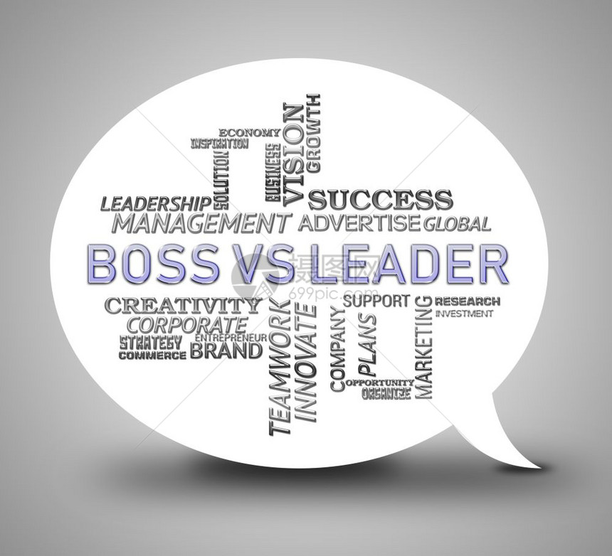 BossVs领袖用词平均导团队比管理更好鼓励自信战略和强势概念3d说明图片