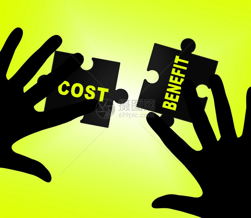 以成本为五效益吉格索Jigsaw表示价格与值的比较投资回报或平衡收益3d说明图片