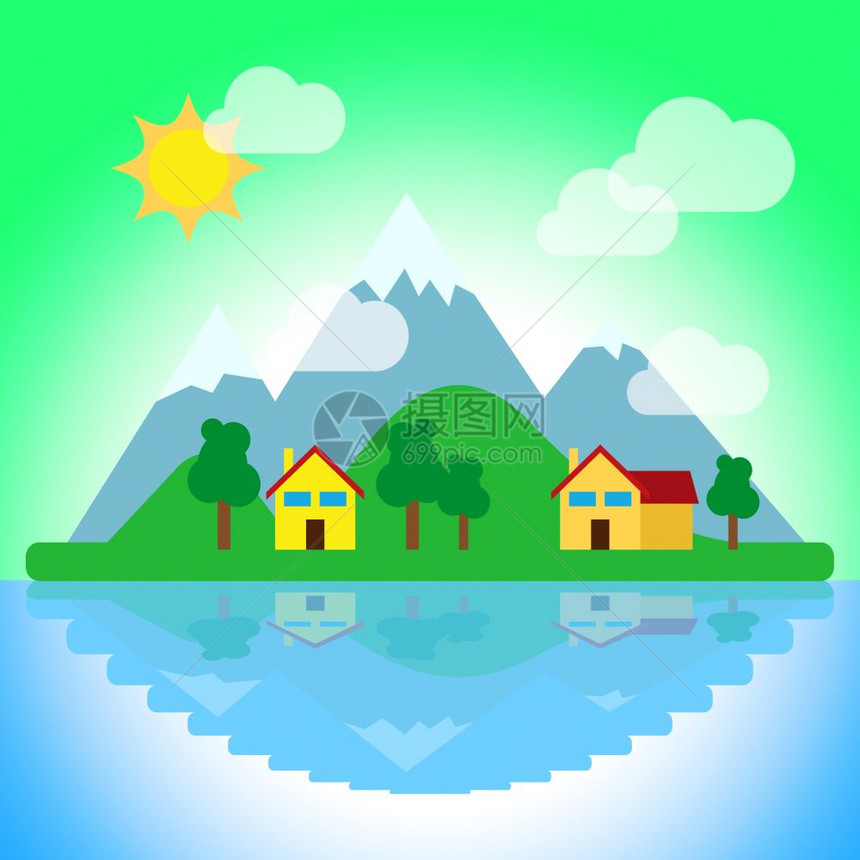湖口财产或农村自然生活不动产从湖边住所改善生活方式3d说明图片