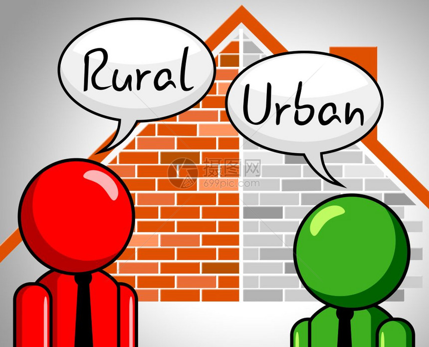 与郊区和农村家庭相比五种城市生活方式讨论比较繁忙的城市生活或田地和农场3d说明图片