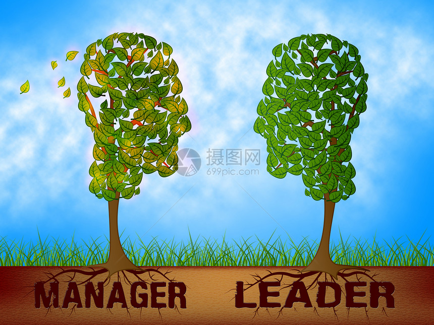 领导者Versus经理设计监督Vs领导与遵循规则和系统相比的企业家愿景3d说明图片