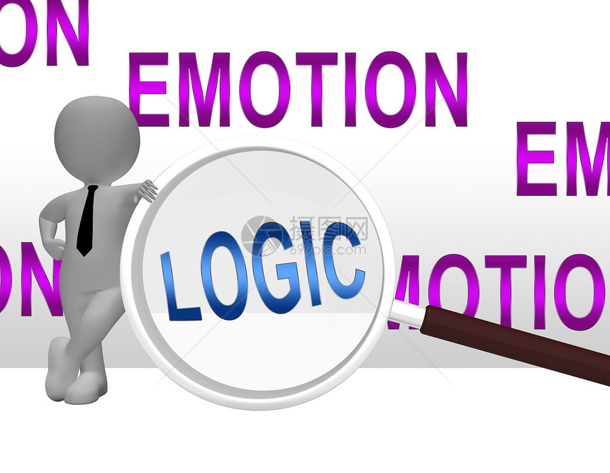 情感Vs逻辑放大镜假设逻辑与情感思维相比的逻辑这些对立观点包含分析实用主义和直观3dI说明图片