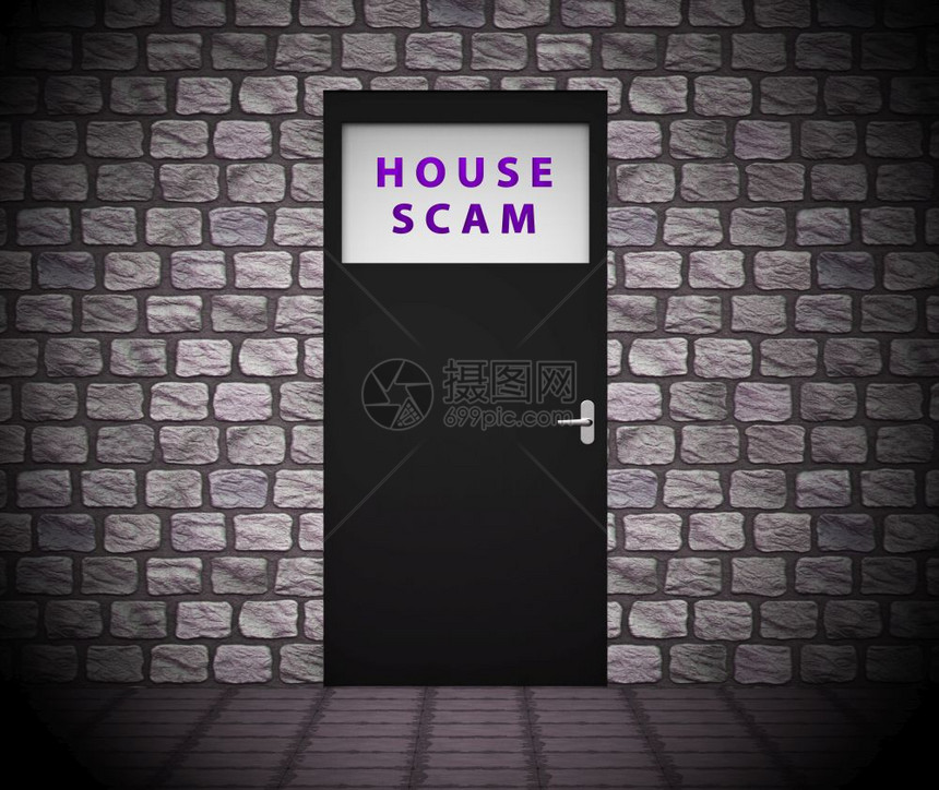 房屋ScamDoorDepicts家庭购买欺骗或诈抵押金融阴谋和犯罪计划3d说明图片