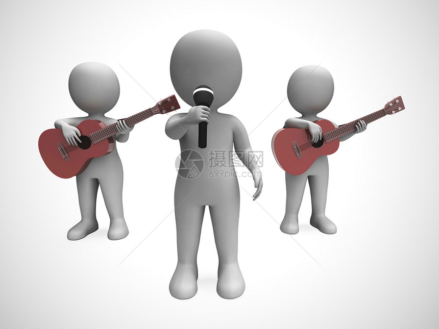 音乐队组演奏吉他和唱歌音乐会的节庆或流行活动3d插图图片