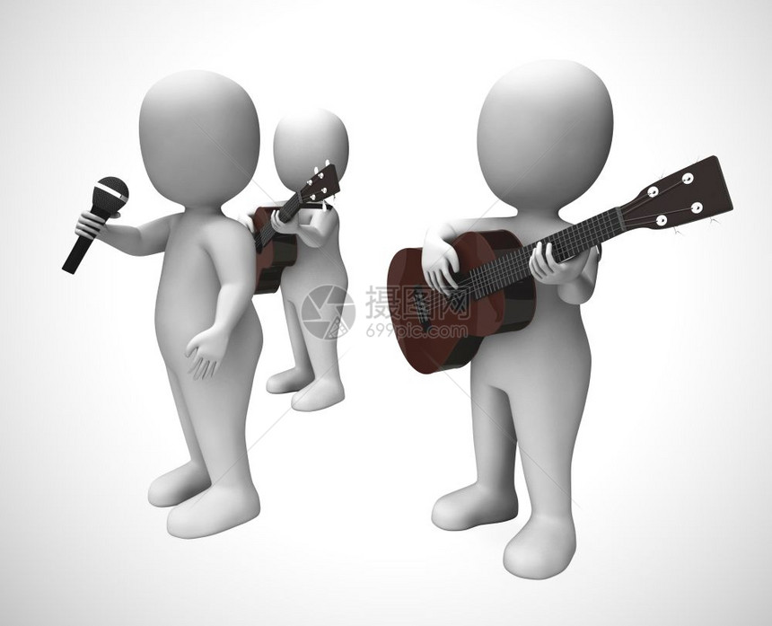 音乐队组演奏吉他和唱歌音乐会的节庆或流行活动3d插图图片