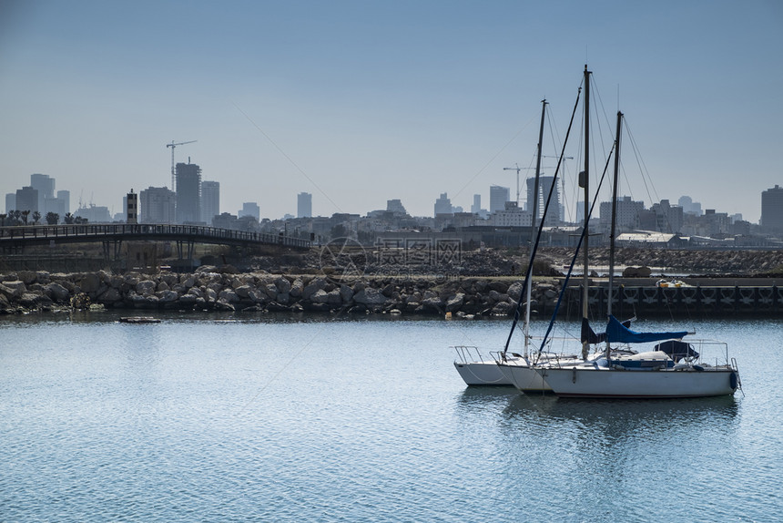 Yarkon河上的游艇在以色列城市轮椅的背景上图片