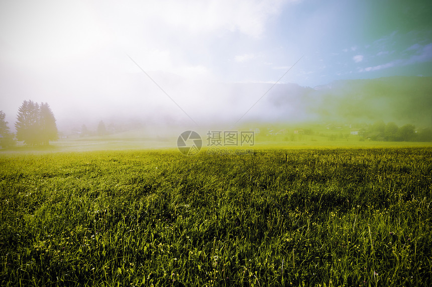 以森林田地牧场和草原覆盖奥地利貌的晨雾图片