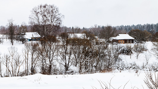 俄国斯摩伦克地区冬日过俄国老小村庄的景象高清图片