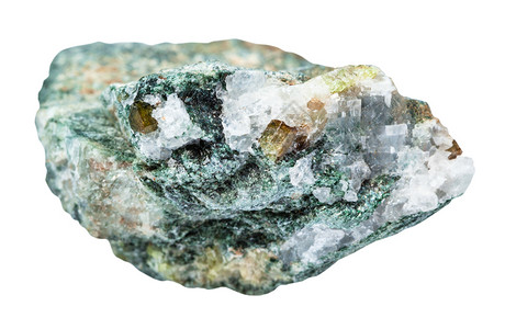 天然矿物的大型乌拉尔山的白色背石灰上孤立的粗糙贝里尔岩石中的晶图片