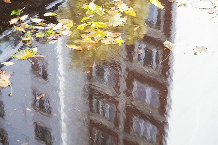 城市公路上的水坑在阳光明媚的秋天反映公寓房屋图片