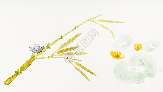 水墨竹图片奶油纸上的手工绘画在池塘上竹干爬行的蜗牛用水彩画的百合背景