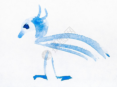 白纸上用面板e风格手工绘画用水彩色制的蓝装饰鸟类图片
