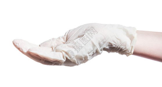 白色背景上孤立的乳胶手套中掌的空小件图片
