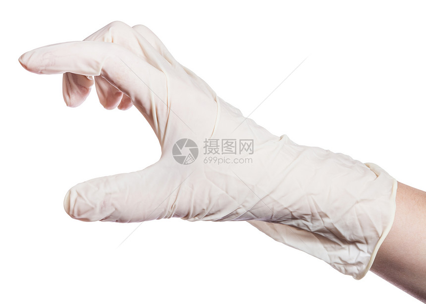 乳胶手套上的雌显示白色背景上隔离的体型很大图片