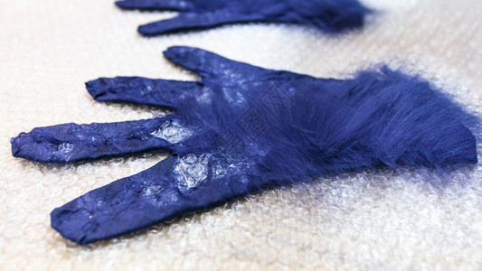 使用湿感觉工艺蓝梅里诺羊毛制手套额外纤维合在手套后侧和切割型样图片