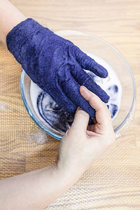 用湿感觉工艺蓝色梅里诺羊毛用湿制手套工艺人用热水改造触摸手套尺寸图片