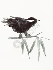 水墨竹图片以水彩漆色涂料suiesuibukuga风格的训练教学竹上的麻雀鸟是用奶油纸手工画的背景