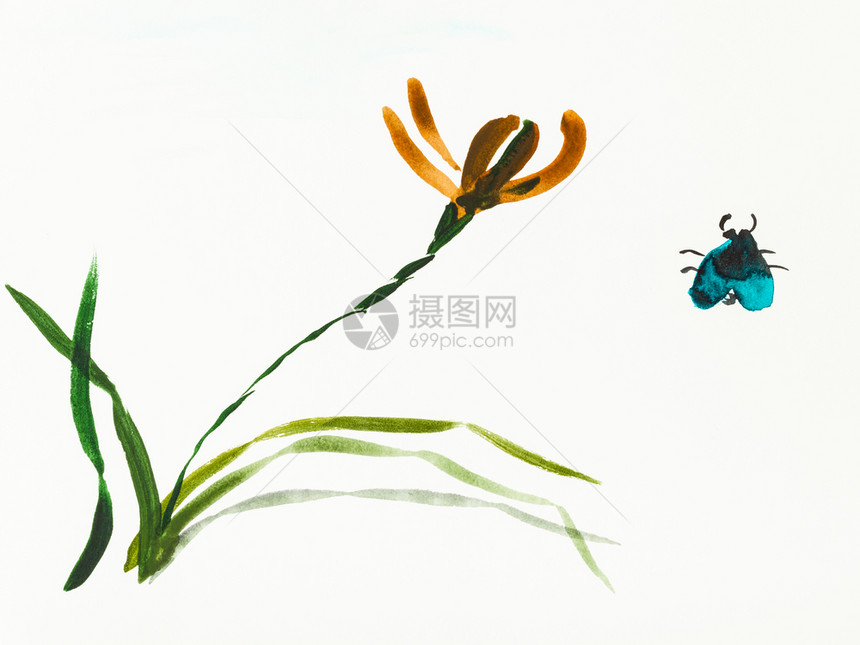 用水彩漆色涂料Suiesuibukuga风格的培训用乳油纸手工绘制臭虫和虹膜花图片
