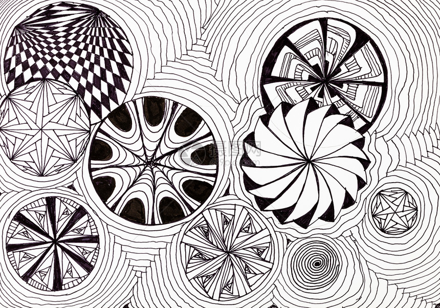 白纸上的抽象手画图案用触觉笔绘制圆圈和波浪的黑白装饰品图片