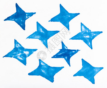 白纸上的抽象手画图案用蓝色的钢笔绘制四点成形的恒星简单装饰品图片