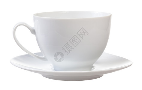 白色瓷杯和茶盘的侧边视图白色背景隔离在上图片