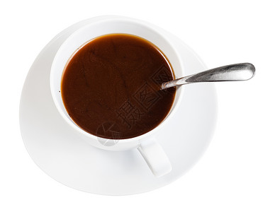 白色瓷杯中热黑咖啡饮料的顶部视图白底幕下隔绝的锅盘上勺子图片
