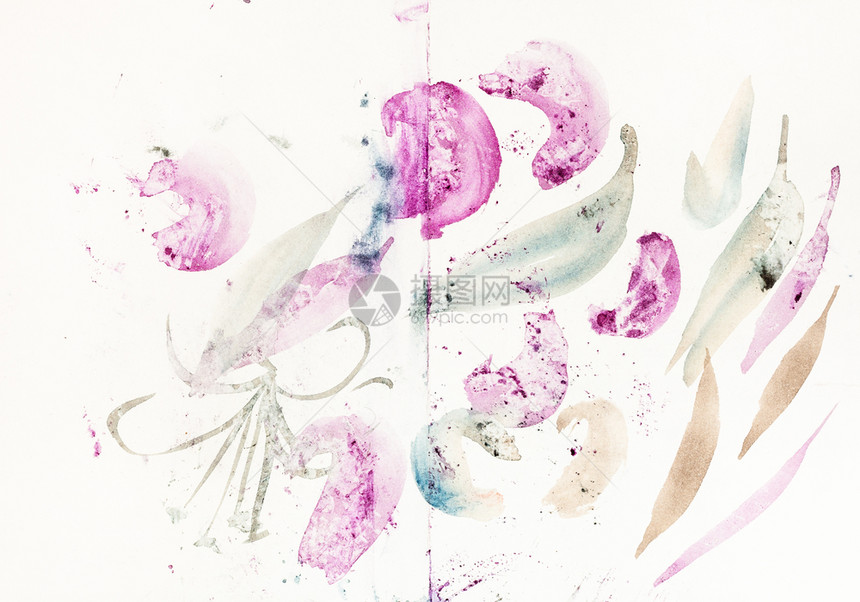 以SumieSuibokuga风格suibokuga进行训练第一次刷笔用白纸上的水颜色粉状叶和花朵图片