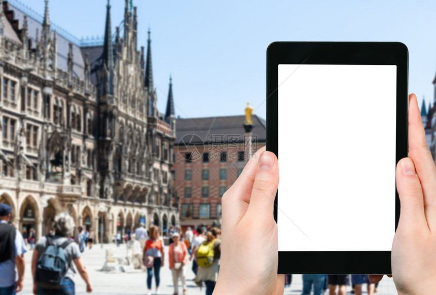 旅行概念德国慕尼黑市马里广场中心MarisSquare用智能手机拍摄的旅游照片空白剪贴板广告图片