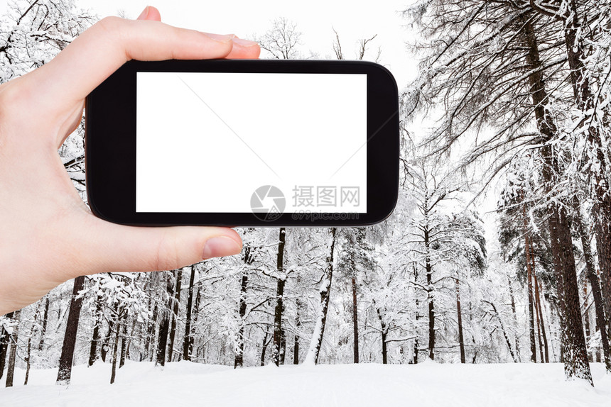旅行概念莫斯科市公园冬季城雪覆盖草地的旅游照片用智能手机拍摄空白剪切屏广告位置图片