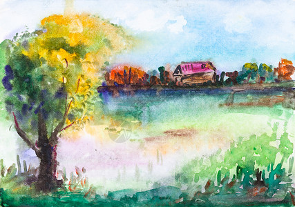 水彩画风景夏季乡村景观有池塘和旧原木用白纸上的水彩画成小屋背景