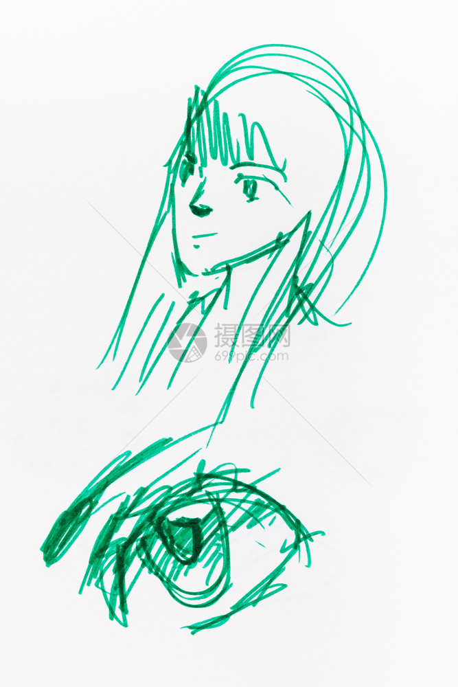 白纸上绿色的笔亲手绘制女头部和眼草图图片