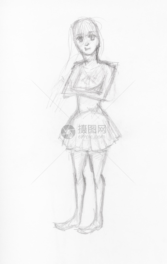 白纸上用黑铅笔手工画的短裙女孩素描图片